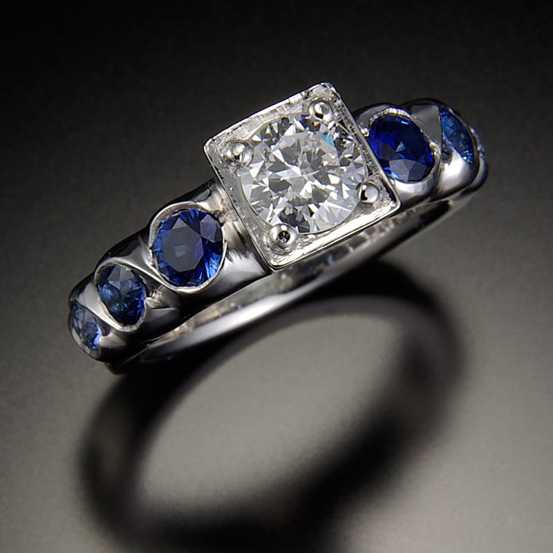 14K Ring with Center Diamond and Sapphires - Custom Jewelry Gallery
